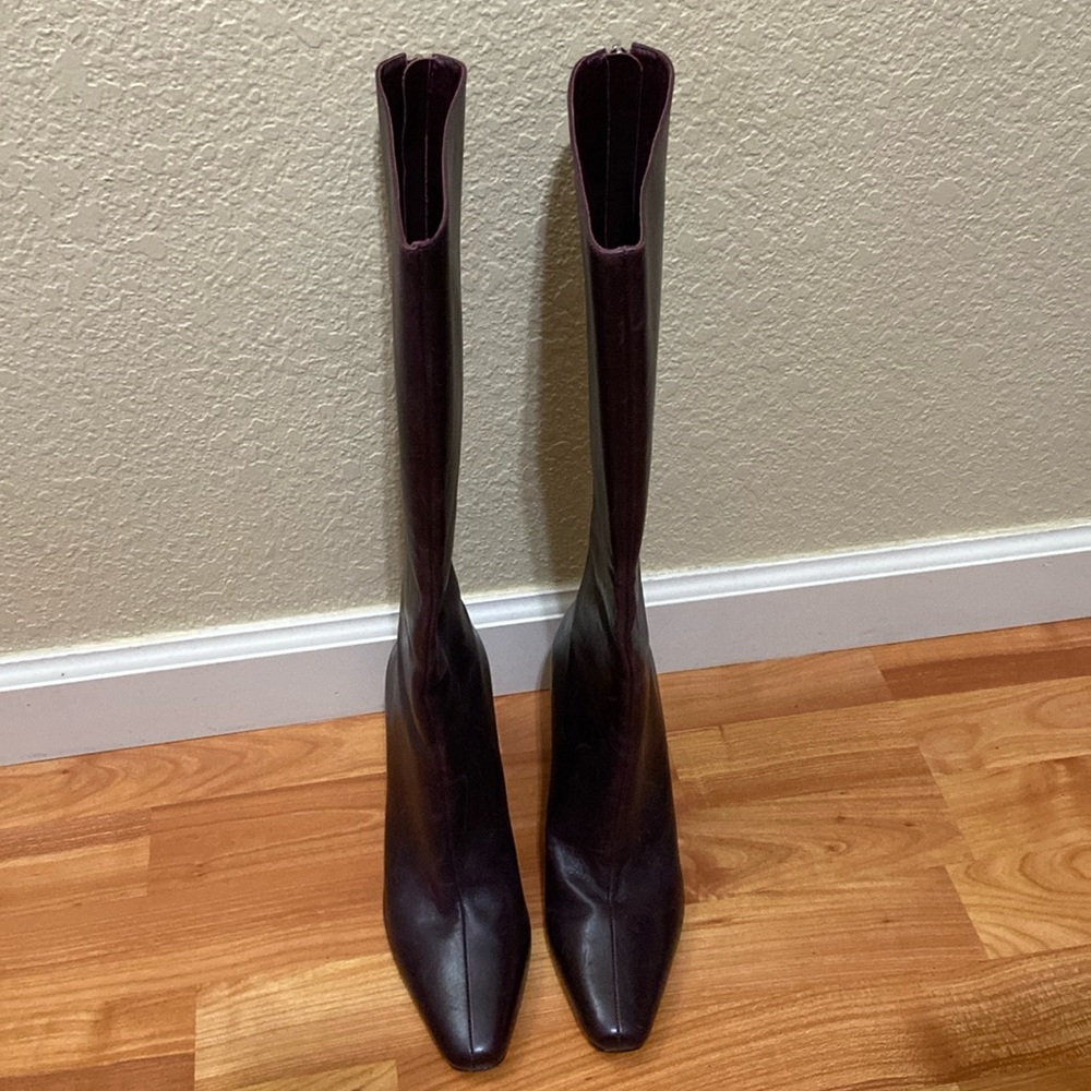 Black Suede Studio tall pointy boots in deep plum